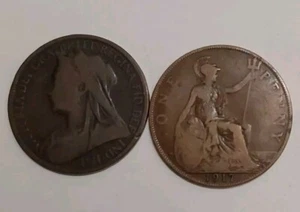 Bronze Large Cent UK Group-1899 & 1917 Queen Victoria/George Circulated 1C Coins - Picture 1 of 6