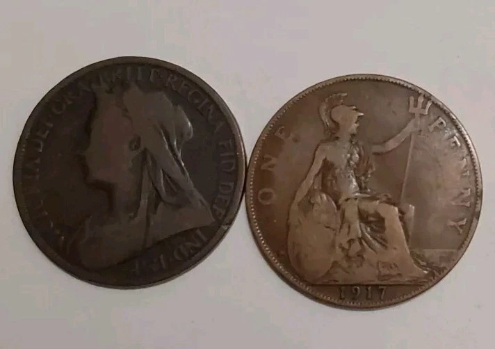 Moedas de bronze grande centavo Reino Unido grupo-1899 e 1917 rainha Vitória/George circuladas 1C - Imagem 1 de 4