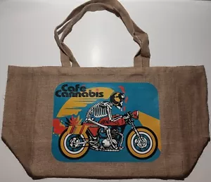 CAFE CANNABIS MOTORCYCLE 12"X15" BURLAP TOTE BAG MARIJUANA POT LEAF 420 WEED - Picture 1 of 2