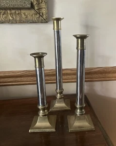 Vintage Decorative Crafts Inc Brass & Silver Rod Column Candlesticks Set of 3 - Picture 1 of 13