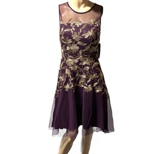 Tahari Arthur S. Levine Mesh Overlay Purple Gold Embroidered Dress Size 6 NWT - Picture 1 of 14