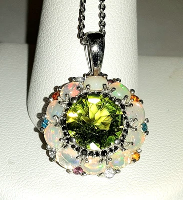 Peridot Ethiopian Opal Necklace 20" Chain, Sterling Silver Rhodium Overlay - Image 1 of 4