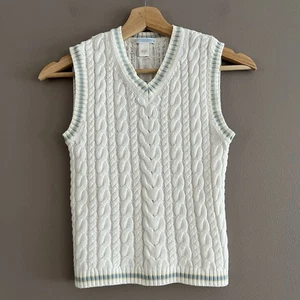 Janie Jack Boys Sweater Vest Cable Knit White Blue Trim Casual Old Money Sz 7 - Picture 1 of 7