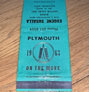 Cubierta de colección 1963 PLYMOUTH Matchbook - Burde Motor Sales Rochester Minnesota - Imagen 1 de 4