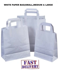 White Paper Bags With Handles Small Large 10 50 100 Party Gift Sweet SOS Carrier - Picture 1 of 11