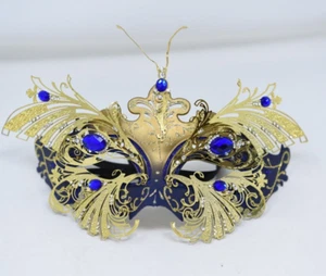 Gold Elaborate Filigree Metal Jeweled "Sapphire Diamond" Venetian Carnival Mask - Picture 1 of 6