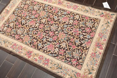 4' x 6' Hand Knotted Wool French Aubusson Needlepoint Area Rug Traditional Brown - Image 1 of 4