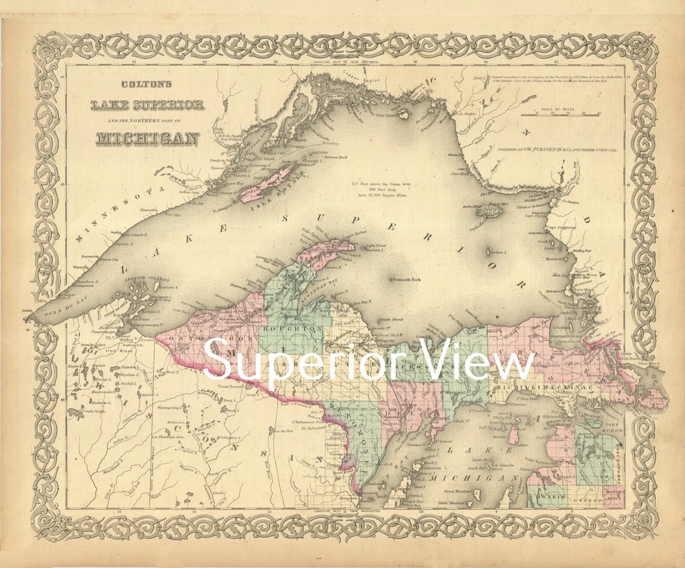 Mapa grande 16x20 del lago superior Michigan Wisconsin Minnesota Canadá 1872 EXCELENTE Foto 1 de 1