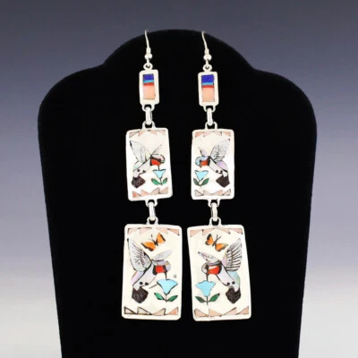 NATIVE AMERICAN ZUNI STERLING SILVER & INLAY HUMMINGBIRD EARRINGS QUINTIN QUAM - Image 1 of 4
