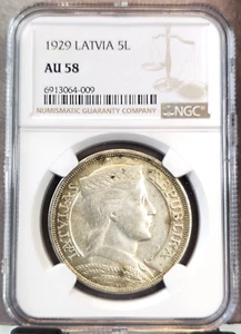 1929 LATVIA SILVER 5 LATI LATVIAN FOLK DRESS NGC AU 58 FIRST YEAR GREAT COIN - Picture 1 of 3