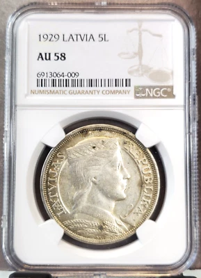 1929 LATVIA SILVER 5 LATI LATVIAN FOLK DRESS NGC AU 58 FIRST YEAR GREAT COIN - Image 1 of 3