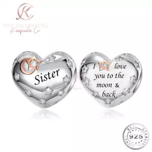 Sister Heart Charm Genuine 925 Sterling Silver Love You To Moon - Birthday Gift - Picture 1 of 4