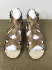 Donald Plainer Woven Leather Ankle Strap Sandals Size 10M Block Heels Gold (2G)