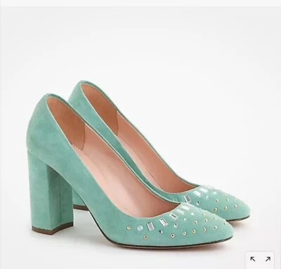 J.CREW Suede Bell Pumps Shoes Jewel Embellishments Aqua SZ 6 $298 Made in Italy - Image 1 of 4