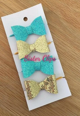 SISTER CLIPS Girls Handmade 4 baby/toddler small gold turquoise Glitter Hair Bow bobbles