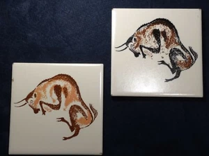 Pair Vintage France Lascaux Cave Painting Bison Decorative Ceramic Art Tiles 6" - Picture 1 of 7