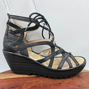 Fly London Yuke Sandals Women's 39 / 8 Black Leather Gladiator Platform Wedge - Picture 1 of 13