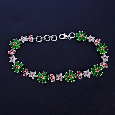 Pulsera Floral Diópsido Cromo Natural Piedras Preciosas Plata 925 Joyería Cornalina 7" Foto 1 de 4