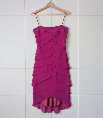 Vestido de coquetel vintage anos 80 e 90 Tadashi rosa 100% seda em camadas em cascata tamanho 6 - Imagem 1 de 4