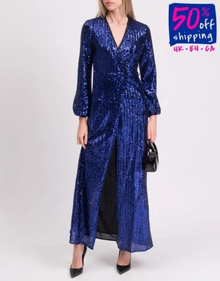 PVP€450 PINKO Maxi Vestido IT40 US4 UK8 S Azul Lentejuelas Forrado abertura alta Foto 1 de 4