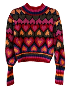 Farm Rio Full of Hearts Knit Crop Puff Sleeve Sweater Size XS Extra Sma Pullover - Picture 1 of 11