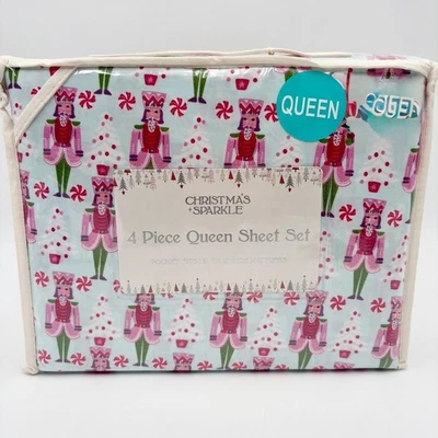 Christmas Sparkle Queen Sheet Set 4 Piece Nutcracker Print Holiday Bedding - Image 1 of 3
