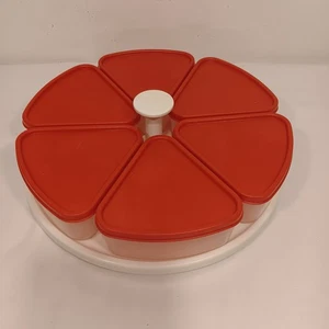 VTG Tupperware Lazy Susan Revolving Turntable 6 Red Pie Wedge Shaped Containers - Picture 1 of 9