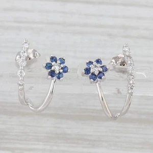 0.30ctw Blue Sapphire Diamond Flower Wishbone Earrings 14k White Gold - Picture 1 of 6