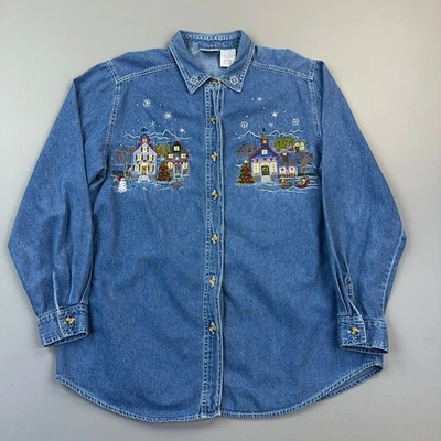 Vintage Bobbie Brooks Shirt Women's Large Denim Embroidered Christmas Village - Image 1 of 4