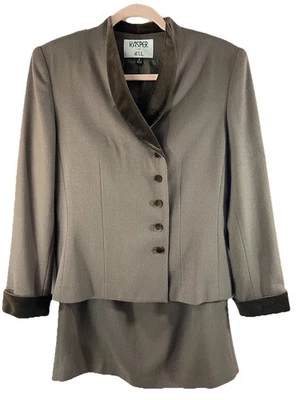 Conjunto de 2 piezas de traje falda marrón Kasper talla 8 cuello de terciopelo puños carrera oficina DEFECTOS Foto 1 de 4