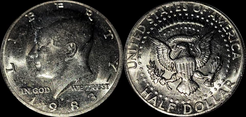 1983P Kennedy 50C Half Dollar with No "FG" - Free Shipping Cover