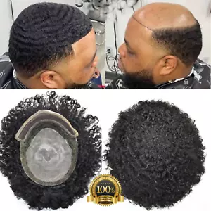 Mens Toupee Lace Front Afro Curl Black Human Hairpiece African American Wig PU-B - Picture 1 of 16