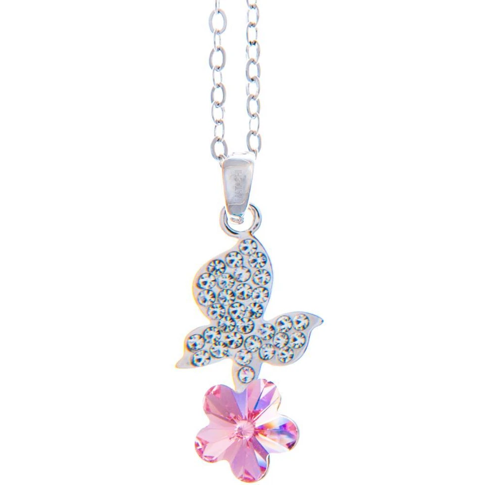 Collar chapado en rodio de 16"" con flor de mariposa y cristales rosas de Matashi Foto 1 de 1