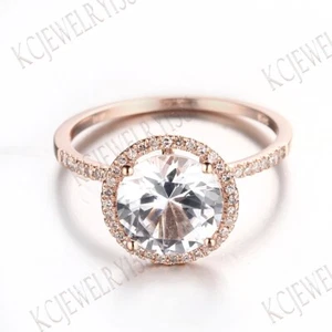 Sale White Topaz 9.5mm Round Solid 10K Rose Gold 1/5ct Diamonds Engagement Ring - Picture 1 of 11