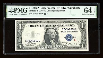 DBR 1935-A $1 Silver Experimental (S) Fr. 1610 PMG 64 EPQ Serial S74342810C - Image 1 of 2