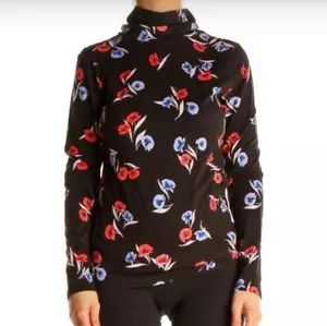 Ann Taylor Black Red Blue Floral Print Mock Neck Long Sleeve Top Cotton NWT Sz S - Picture 1 of 7
