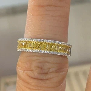 Princess Cut Simulated Yellow Citrine Women Wedding Band 14K White Gold Plated - Picture 1 of 5