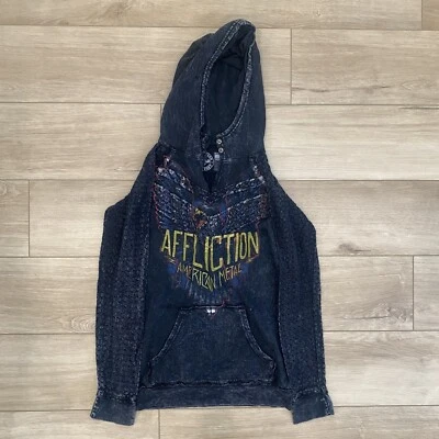 Affliction American Metal Stone Wash Pullover Hoodie Womens Medium Lace Arms Y2K - Image 1 of 4
