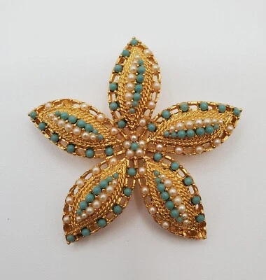 Broche Sarah Coventry Estrella de Mar 2.25 pulgadas Texturizado Tono Dorado Aqua Imitación Perla DEFECTUOSO Foto 1 de 4