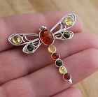 Natural Baltic Amber 925 Sterling Silver Dragonfly Brooch Pin Jewellery Gift Box