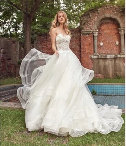 wedding dress, Eve of Milady aproned preowned beaded lace strapless size 12 - Picture 1 of 10