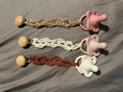 Handmade Crocheted Baby Binky Clips Set of 3 Tan, Red, White - Image 1 of 4
