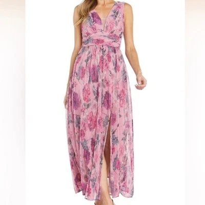 R&M Richards Petite Pink Floral Metallic Sleeveless Crinkle Pleat Maxi Dress 6P - Image 1 of 4
