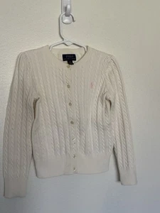 POLO RALPH LAUREN girls cable knit cardigan sweater white w/ pink pony size 6 - Picture 1 of 8