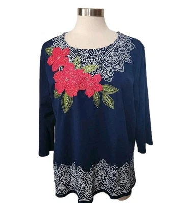 Alfred Dunner Top 1X Navy Blue Studded Pink Floral Embroidered  3/4 Slv Pullover - Image 1 of 4