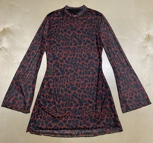 BEAUDRM Women’s Size Large Leopard Print Sheer Mesh Long Bell Sleeve Mini Dress - Picture 1 of 13