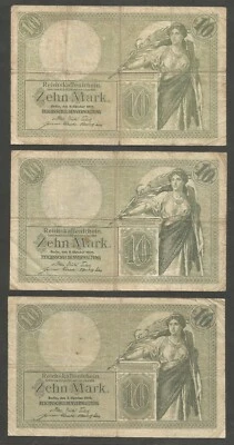 Germany - Empire 10 Mark 6.10.1906; VG; P-9b; BNB-B108b; 7 digit #; Lot of 3 pcs - Image 1 of 2