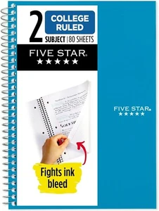 Five Star Spiral Notebook, 2 Subject, College Ruled, 9 1/2" x 6" 80 Sheets, Tide - Picture 1 of 6