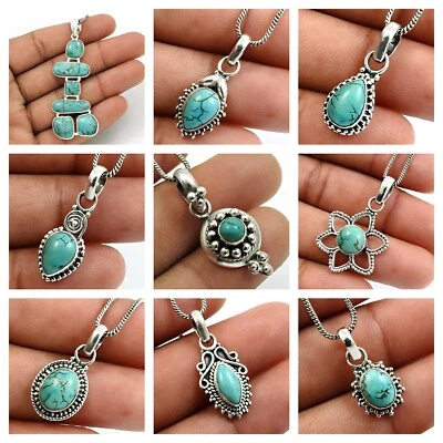 天然绿松石宝石因果吊坠 925 纯银波西米亚珠宝首饰 — 第 1/4 张图片