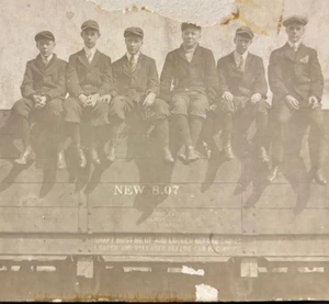 RPPC PHOTO 6 Young Boys Sitting on a Railroad Train Car "Edwards" Maybe OH? CUTE - Picture 1 of 10